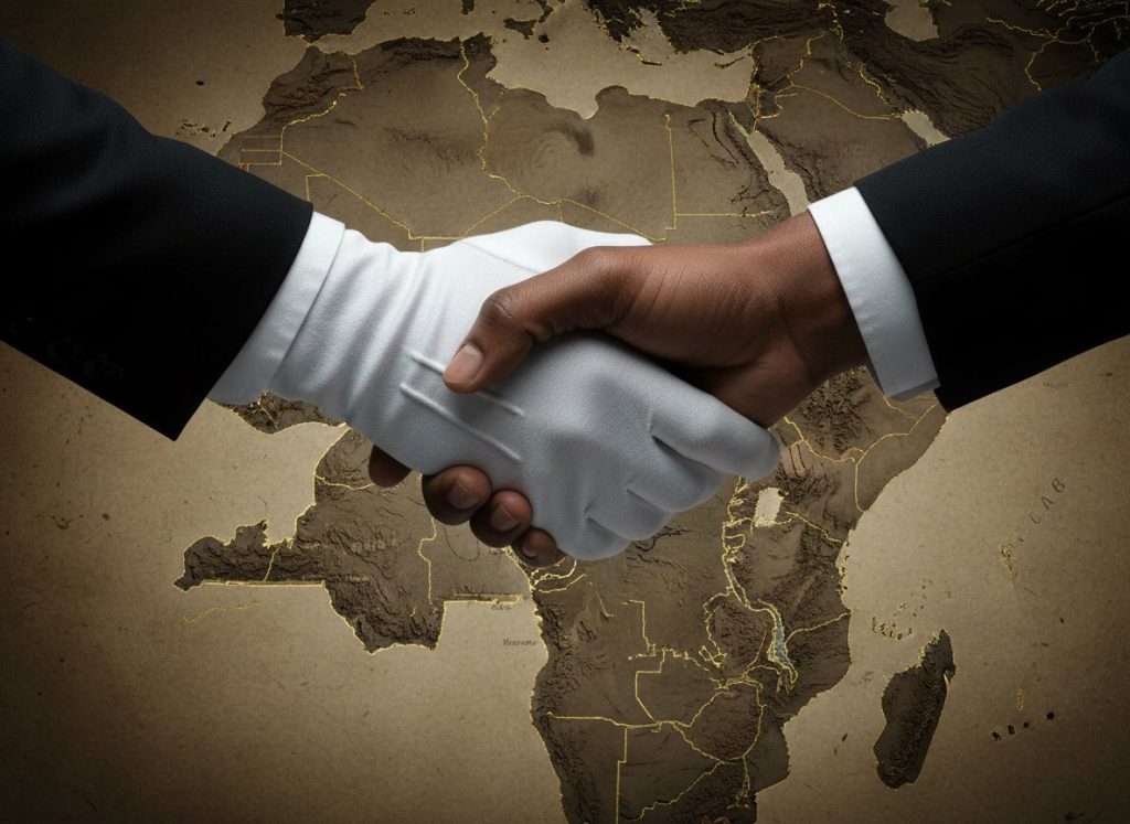 Global business handshake over a map of Africa, symbolizing international partnership and cooperation